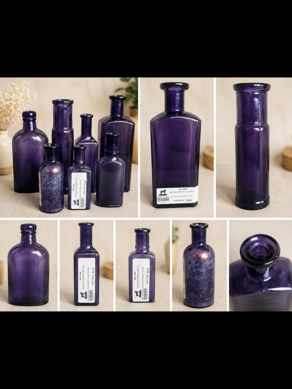Antique Amethyst Purple Glass Bottle Collection - 7  Vintage Apothecary Bottles